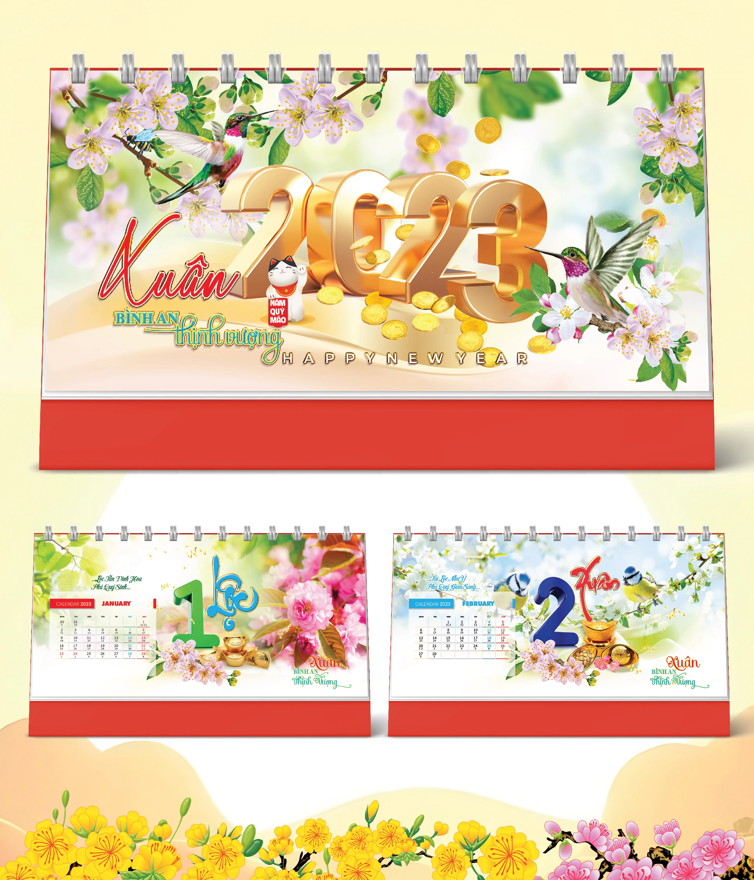 Lịch Bàn Happy Việt Nam Thịnh Vượng Thành Công Trái Hoa 2023